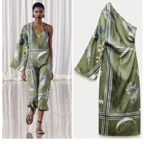 Zara Asymmetrical Olive green dress COLLECTION PRINTED bloggers collection - Picture 14 of 15